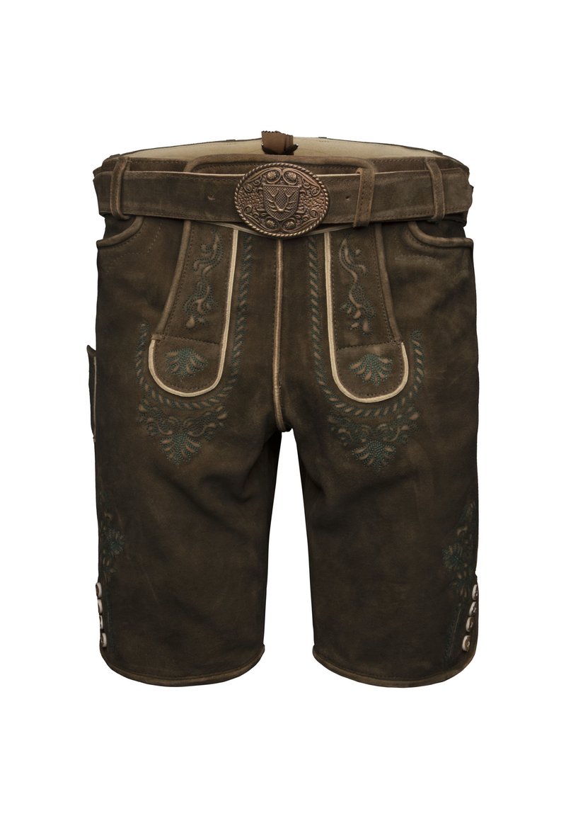 Tradycyjne brązowe skórzane lederhosen z haftowanymi kwiatowymi wzorami, zapięciem na guziki z boku oraz ozdobnym paskiem z finezyjną klamrą.