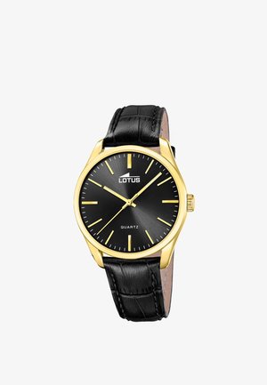 Orologio da polso con cassa in oro, quadrante nero, indici e lancette dorate, cinturino in pelle nera, con il nome del marchio "Lotus" e "Quartz".