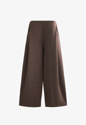 Brown wide-leg trousers with vertical white pinstripes, featuring side pockets and a smooth texture. Flat waistband with no visible hardware.