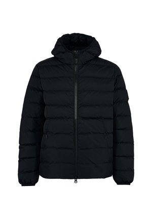 Giacca a vento nera con cappuccio, caratterizzata da un design trapuntato, chiusura frontale con zip e due tasche laterali. Tessuto liscio con polsini elasticizzati.