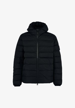 Giacca a vento nera con cappuccio, caratterizzata da un design trapuntato, chiusura frontale con zip e due tasche laterali. Tessuto liscio con polsini elasticizzati.