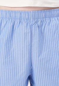 Lichtblauwe gestreepte shorts met een zachte textuur, uitgerust met een brede elastische tailleband en smalle witte verticale strepen.