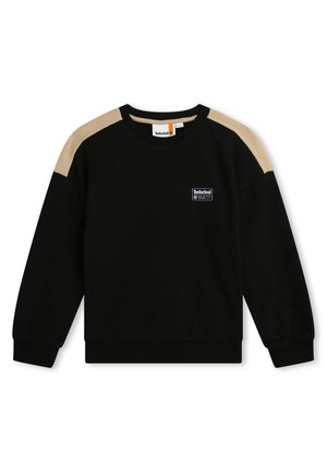 Sort langærmet sweatshirt med brune skulderpaneler og et lille Timberland-logo på venstre bryst.