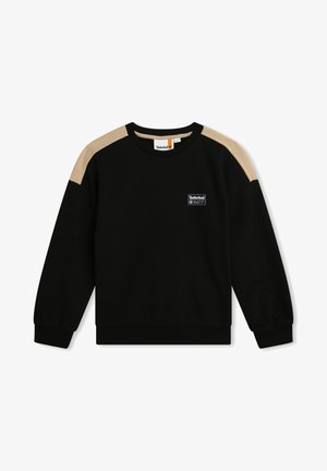 Schwarzer Sweatshirt mit langen Ärmeln, beigefarbenen Schultereinsätzen und einem kleinen Timberland-Logo-Patch auf der linken Brust.