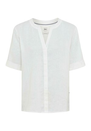 Camicia bianca in lino a maniche corte con scollo rotondo e dettaglio a V frontale, progettata per un look casual o formale.