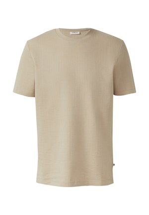 Hellbeiges T-Shirt mit kurzen Ärmeln und Rundhalsausschnitt aus leicht strukturiertem Stoff mit kleinem Markenetikett an der Seitennaht.