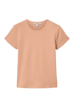 Pehme vaaleanpunainen lyhythihainen pyöreäkaulainen t-paita, jossa näkyvät saumat ja AllSaintsin merkkilappu kauluksen sisäpuolella.