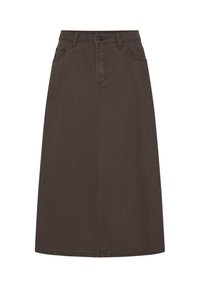 Jupe en jean marron longueur genou avec boutons devant, fermeture éclair et poches latérales, présentée sur fond blanc.