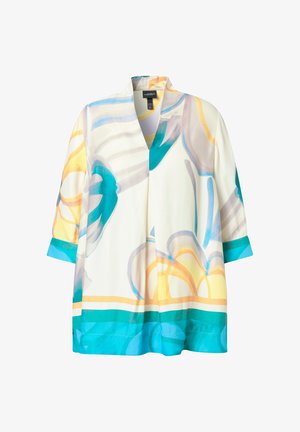 Langer, offen vorne getragener Blazer mit Dreiviertelärmeln in Weiß mit abstrakten blauen, gelben und beigen Blumenmustern und türkisfarbener Einfassung.