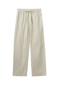 Gai krēmveida platās bikses ar plānām vertikālām svītrām, ar elastīgu jostu un auklu. Gluda tekstūra, brīvs piegriezums.