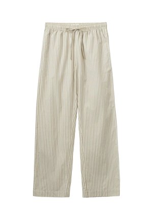 Helle beige weit geschnittene Hose mit dünnen vertikalen Streifen, ausgestattet mit einem elastischen Taillenbund und Kordelzug. Glatte Textur, lässige Passform.