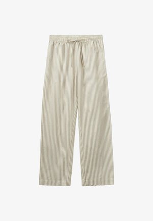 Lichtbeige wijde broek met dunne verticale strepen, voorzien van een elastische tailleband en trekkoord. Gladde textuur, casual pasvorm.