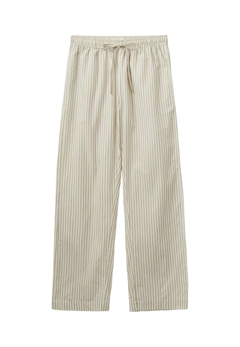 Gai krēmveida platās bikses ar plānām vertikālām svītrām, ar elastīgu jostu un auklu. Gluda tekstūra, brīvs piegriezums.