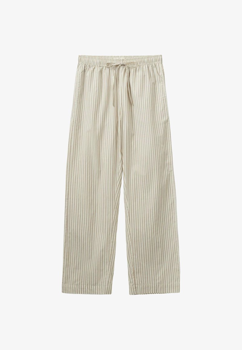 Gai krēmveida platās bikses ar plānām vertikālām svītrām, ar elastīgu jostu un auklu. Gluda tekstūra, brīvs piegriezums.