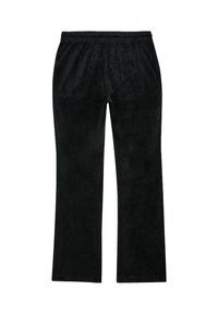 Svarta velourbyxor med elastiskt midjeband, rak bendesign och "Juicy"-text dekorerad på baksidan med svarta rhinestones.