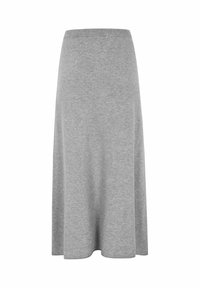 Sukňa strednej dĺžky, melanžová šedá, pletená, so rovnou pásovkou a mierne rozšíreným lemom.