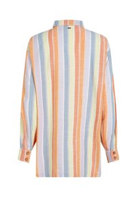 Gestreept shirt in lichte katoenstof, met verticale strepen in oranje, lichtblauw, geel en groen. Lange mouwen met knoopmanchetten.