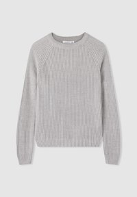 Jasnoszary sweter dzianinowy z okrągłym dekoltem, rękawami raglanowymi, ściągaczami u rękawów i na dole. Charakteryzuje się teksturowym wzorem w całej powierzchni.