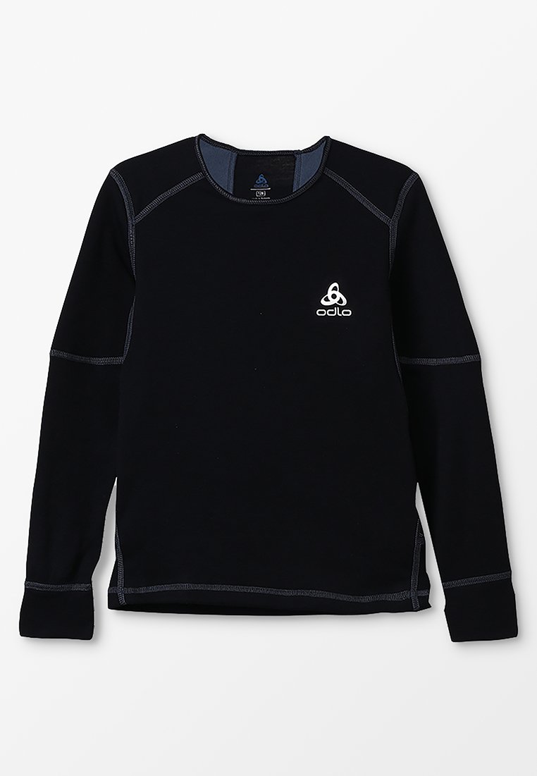 Zwarte langemouwen shirt met blauwe stiksels, Odlo-logo op de borst, ronde halslijn en getailleerd ontwerp, gemaakt van een rekbare stof.