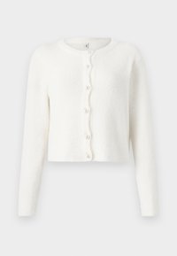 Vit cardigan i mjukt, texturerat tyg. Har rund halsringning, långa ärmar och sex pärlliknande knappar framtill.