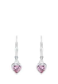 Orecchini a forma di cuore con gemme rosa incastonate in metallo argentato. Presentano una chiusura a leva e una finitura lucida.