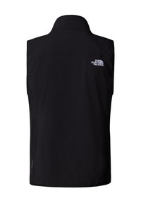 Black vest with high collar, made of lightweight material. Features a small white logo on the upper back and side pockets. Smooth texture.