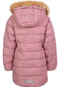 Rosa puffjacka med ett glänsande mönster av flerfärgade prickar, som har en fuskpälskapuschong och kviltad struktur. Visas från baksidan.