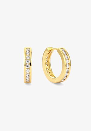 Aukso lankų auskarai su eilute skaidrių, apvalios formos brangakmenių, įterptų į priekinę išorinę pusę.