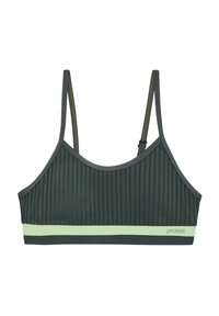 Donkergroene geribbelde sportbh met verstelbare bandjes en lichtgroene band. Heeft een logo aan de voorkant onderaan en is gemaakt van glad, rekbaar materiaal.