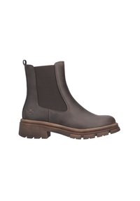 Bottes Chelsea en cuir marron avec des panneaux élastiques, une finition texturée, une semelle épaisse et un logo sur le côté. Design robuste avec une languette.