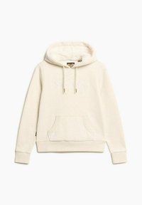 Sudadera color crema con un bolsillo delantero y cordones. Presenta texto bordado y una textura suave. Puños y dobladillo acanalados.