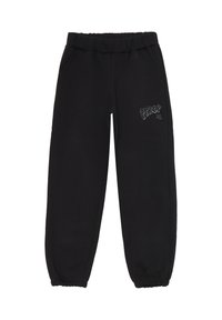 Pantaloni della tuta neri realizzati in tessuto morbido e elastico, con una cintura elasticizzata, tasche laterali e un piccolo dettaglio con logo grafico.