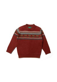 Roter gestrickter Pullover mit Rundhalsausschnitt und langen Ärmeln. Verfügt über ein horizontales Muster in Braun, Weiß und Türkis. Weicher Stoff.