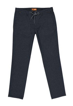 Men's navy blue casual trousers with front pockets, button and drawstring closure, and belt loops.