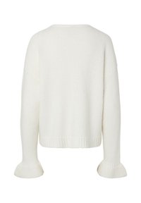 White knitted sweater with long sleeves and flared cuffs, shown from the back on a plain white background.
