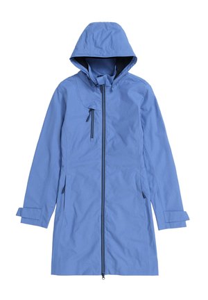 Világoskék vízálló dzseki kapucnival, elülső cipzárral, oldalzsebekkel és állítható mandzsettákkal. Sima textúra, letisztult dizájn.