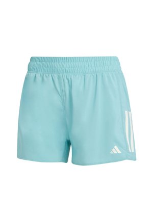 Light blue athletic shorts made of smooth, lightweight material with an elastic waistband and three white stripes on the side.