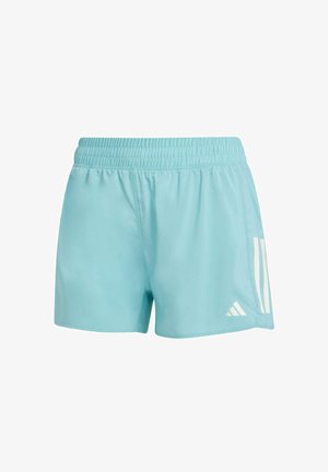 Light blue athletic shorts made of smooth, lightweight material with an elastic waistband and three white stripes on the side.
