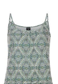 Top sans manches avec bretelles ajustables, présentant un motif géométrique vert et blanc complexe et une petite étiquette noire près de l'encolure.