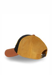 Gorra de béisbol con malla en la parte trasera, frente negro y parte trasera de color amarillo dorado. Cuenta con una visera marrón y un cierre ajustable de broche.