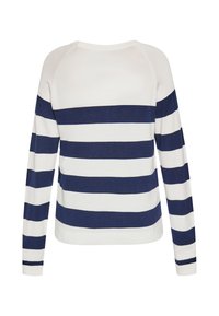 Gestreifter Pullover in Creme und Marineblau, mit langen Ärmeln und Rundhalsausschnitt. Hergestellt aus weichem Strickmaterial mit einer lockeren Passform.