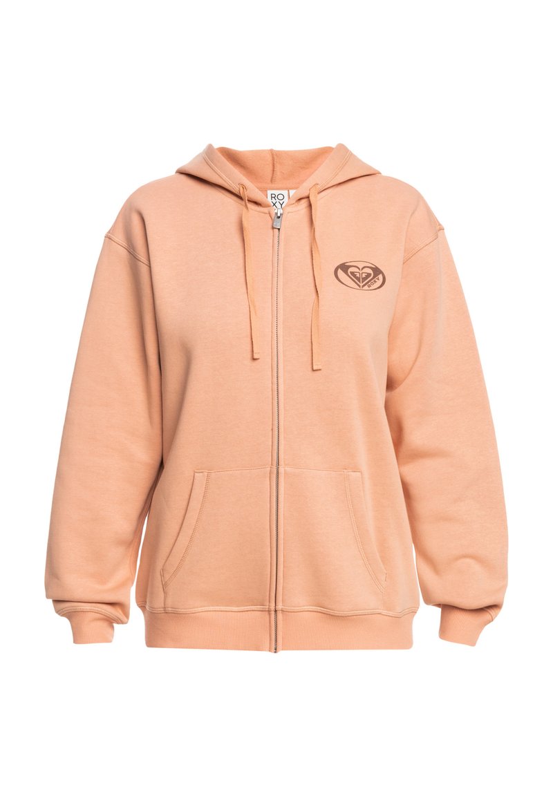 Sweat à capuche zippé de couleur pêche, avec une poche frontale, un cordon de serrage à la capuche et un petit logo sur la poitrine gauche. Texture douce, semblable à du polaire.