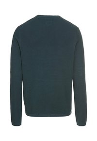 Dunkelgrüner, strukturierter Strickpullover mit langen Ärmeln und rundem Ausschnitt. Hat einen schlichten Rücken und minimale Details.