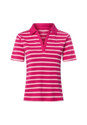 Różowa i jasnoróżowa poziomo paskowana koszulka polo z krótkim rękawem, kołnierzykiem i dekoltem w kształcie litery V.