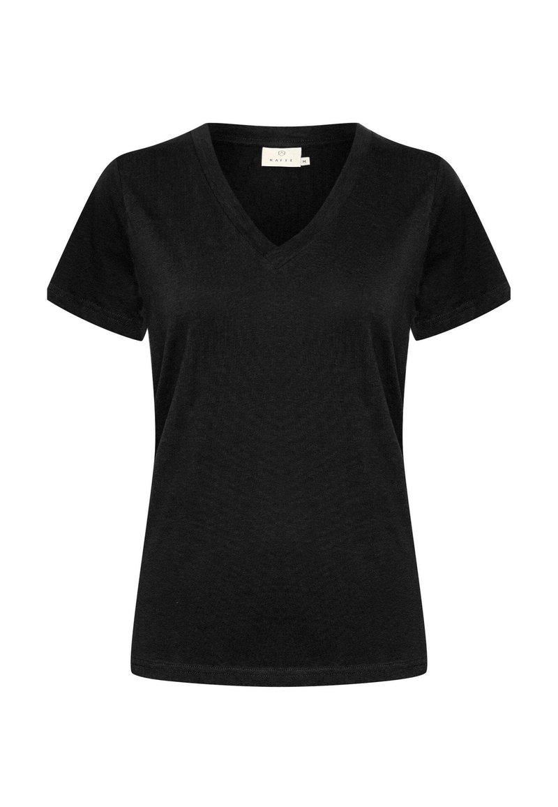 Black short-sleeve V-neck women's t-shirt with a fitted cut and plain design.