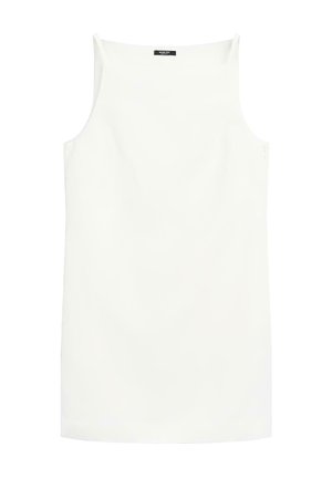 Biały bezrękawnik z kwadratowym dekoltem, z czarną metką na górze pleców, gładki wzór, prosty dół.