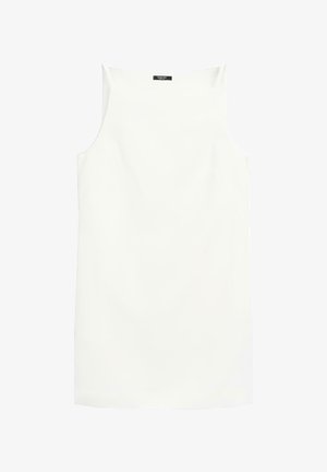 Biały bezrękawnik z kwadratowym dekoltem, z czarną metką na górze pleców, gładki wzór, prosty dół.