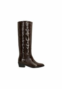 Bottes marron jusqu'aux genoux avec une texture brillante, un tige étroite et un talon bloc. Fini lisse avec des détails de motifs subtils sur la surface.
