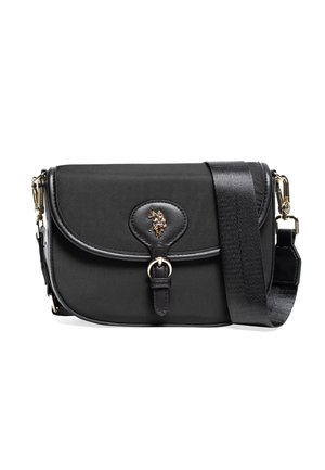 Sac bandoulière noir avec fermeture à boucle, logo doré cheval et cavalier sur le rabat avant, et large sangle d’épaule réglable.