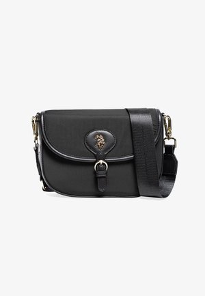 Sac bandoulière noir avec fermeture à boucle, logo doré cheval et cavalier sur le rabat avant, et large sangle d’épaule réglable.